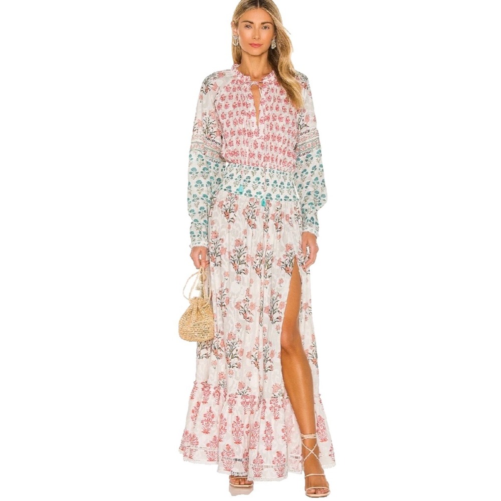 Dex Mixed Print Patchwork Tassel Drop Shoulder Gauzy Festival Maxi Dress Women L